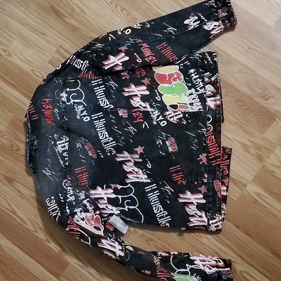 NWOT ENCRYPTED black graffiti jean jacket - Picture 2 of 6